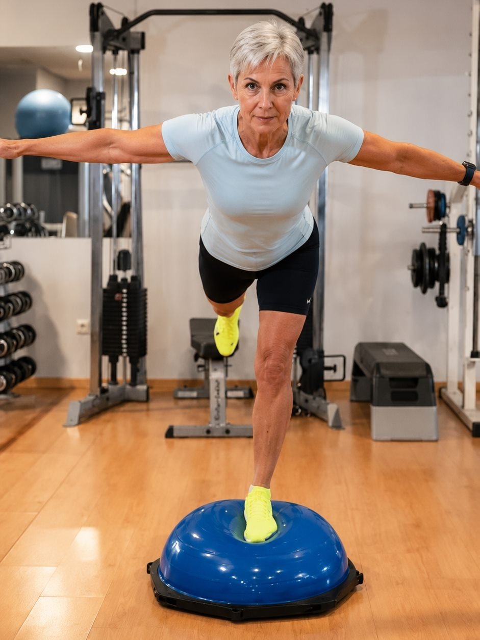 Femme âgée en équilibre sur une jambe, pied posé sur un demi-ballon, bras tendus.