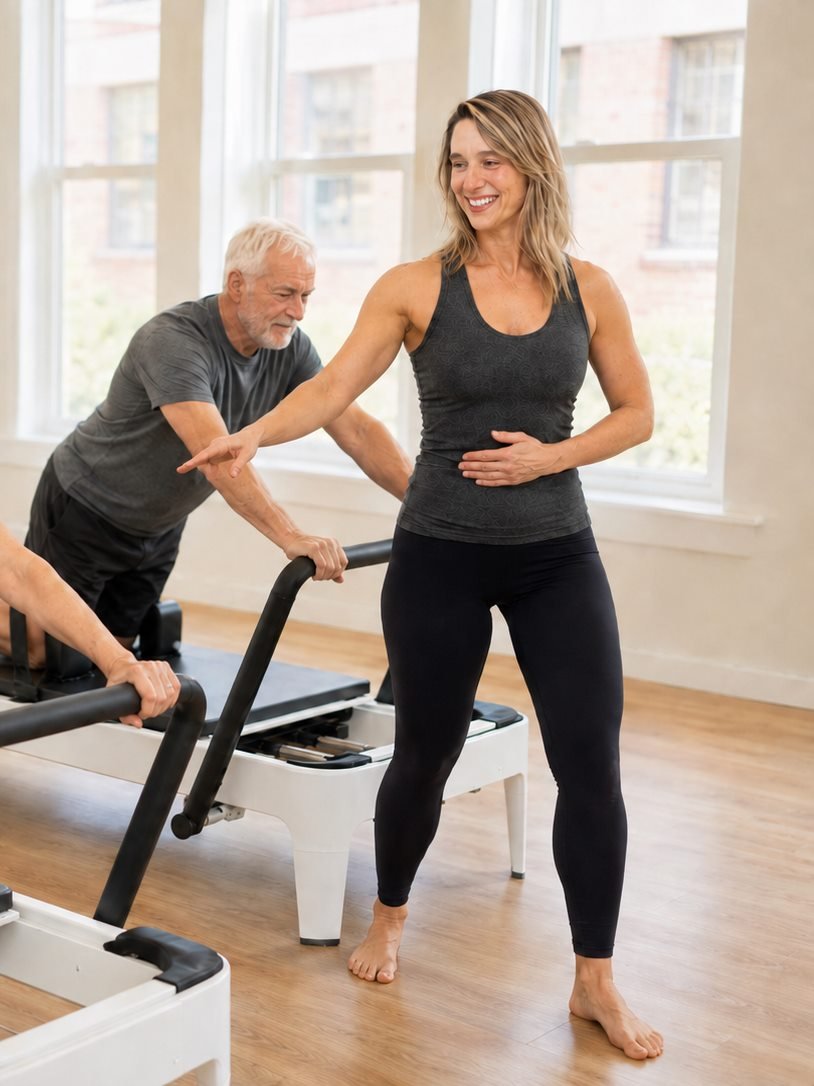 Martine Charbonneau guidant un client sur un appareil de Pilates, dans un studio lumineux.